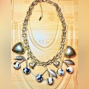 Gold Tone Heart & Cherry Stem Charm Necklace